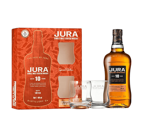 Jura 10 Year Old Single Malt Scotch Whisky 2 Glass Gift Pack 70cl