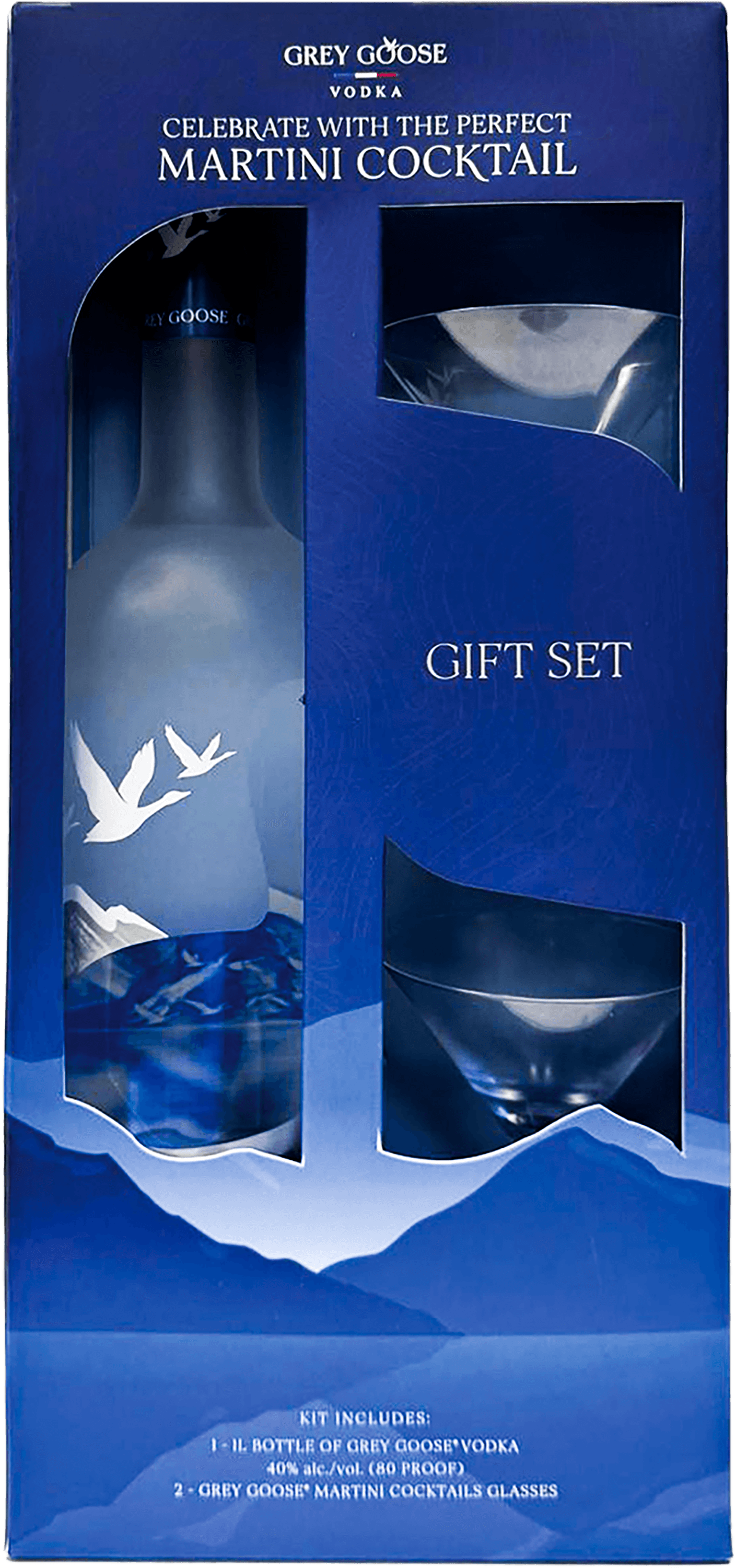 Grey Goose 1L Bottle and x2 Martini Glass